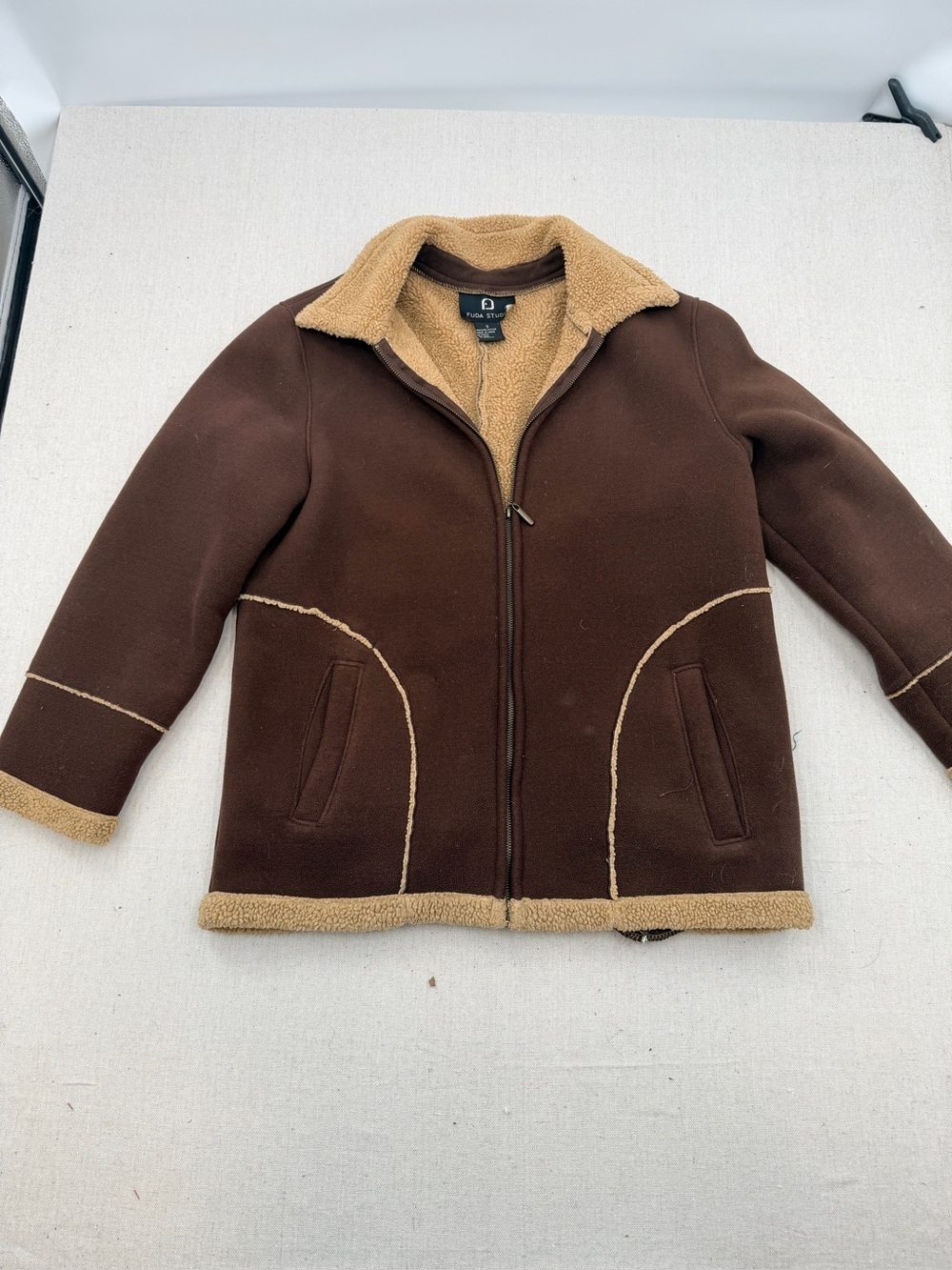Fuda Studio Brown Sherpa-Lined Zip Jacket - Contrast Trim